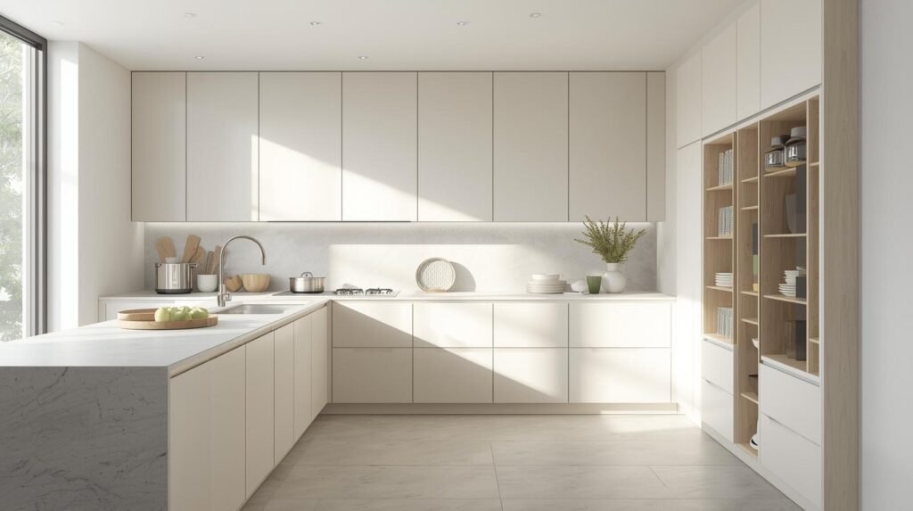 Major Kitchen Design Trends for 2026: Smart, Functional, and Timeless Ideas 8 Minimalist kitchen interior with handle less cabinets hidden storage solutions clean lines bright neutral colors uncluttered design 1 RENOVATEHOME