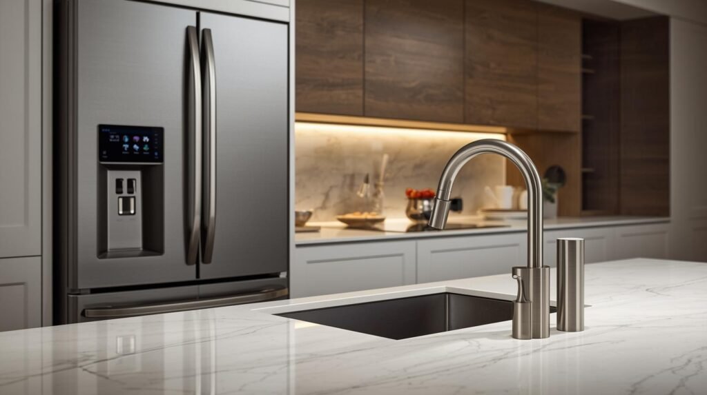 Major Kitchen Design Trends for 2026: Smart, Functional, and Timeless Ideas 5 Smart kitchen technology modern kitchen with smart refrigerator screen touchless faucet and integrated smart lighting high tech yet homey 1 RENOVATEHOME
