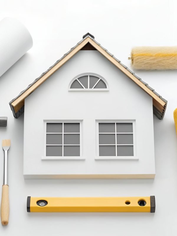 House Renovation Tools and Model Home on White Background Assorted home renovation tools surround a model house, suggesting home improvement and repair projects Perfect for articles and blogs related to DIY and construction.